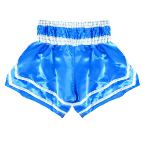 Blue Boon traditional Muay Thai shorts with white trim from Muay Thailand, back view