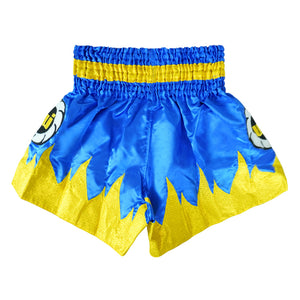 Blue and yellow Boon traditional Muay Thai shorts with bold flame design, Muay Thailand gear