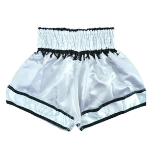 White Boon traditional Muay Thai shorts with black trim, high waistband, back view