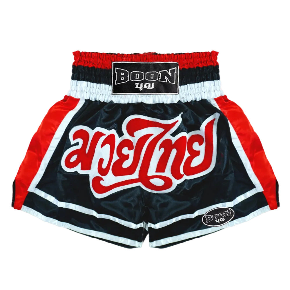 Boon traditional Muay Thai shorts in black with red and white accents, Muay Thailand gear