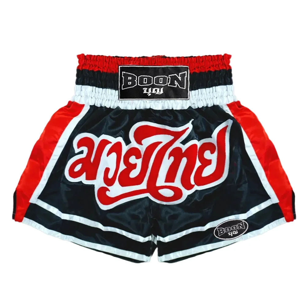 Boon traditional Muay Thai shorts in black with red and white accents, Muay Thailand gear