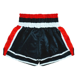 Black, red, and white traditional Muay Thai shorts with high elastic waistband