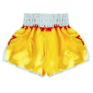 Yellow Boon traditional Muay Thai shorts with red accents and silver trim, back view