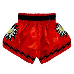 Red Boon Muay Thai shorts with black waistband, flame and sun designs, Muay Thailand gear