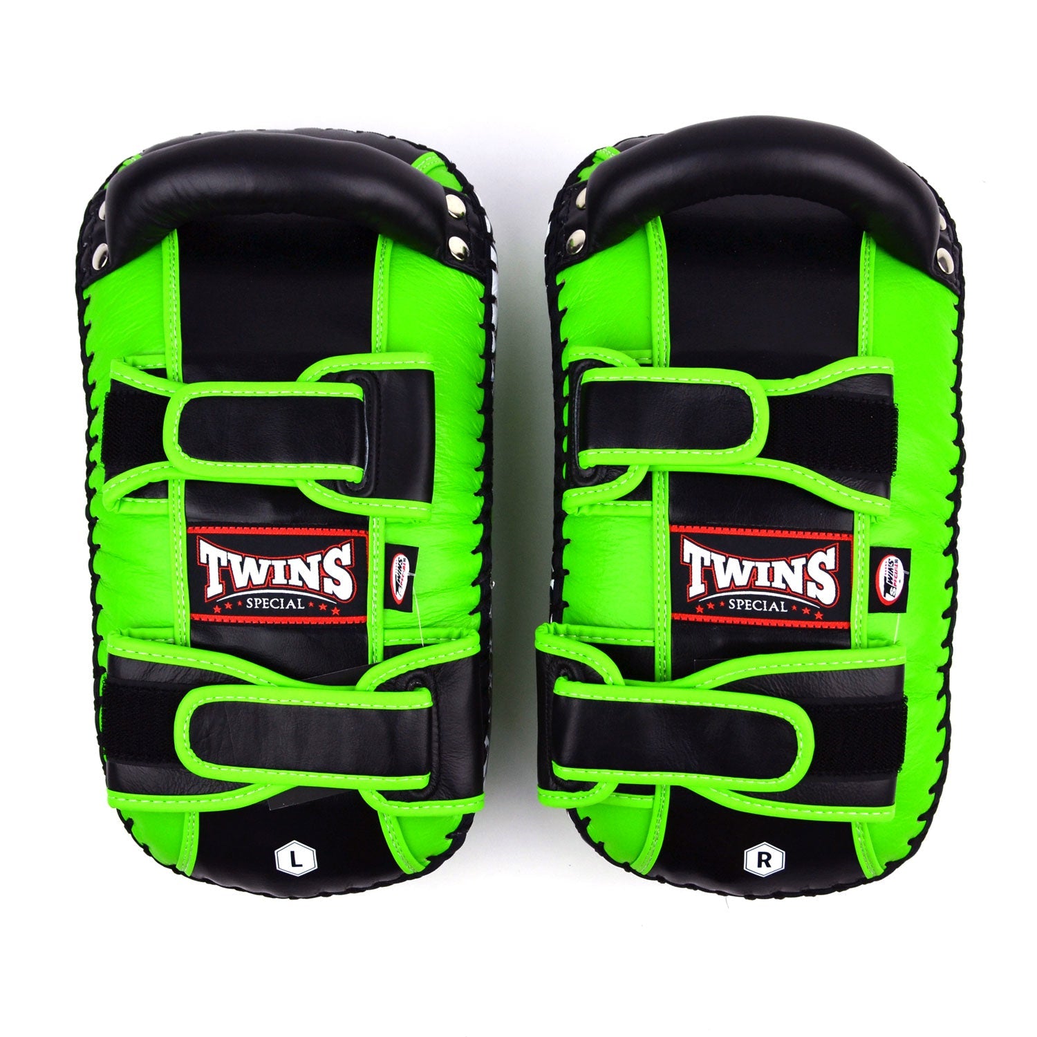 Twins Special Curved Leather Thai Kick Pads - Green & Black (KPL10)
