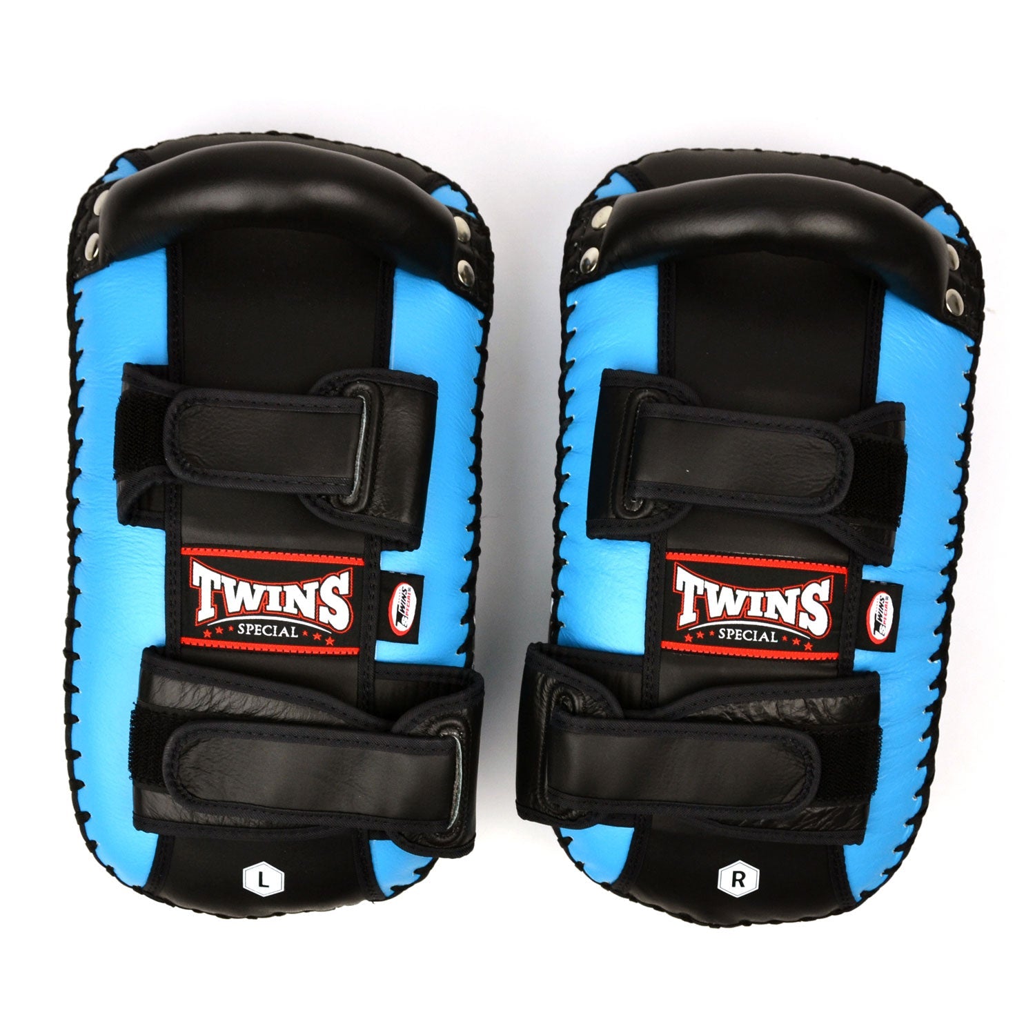 Twins Special Curved Leather Thai Kick Pads - Light Blue & Black (KPL10)