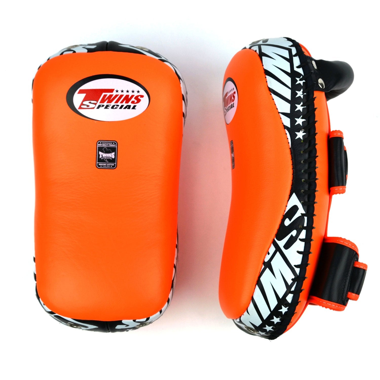 Twins Special Curved Leather Thai Kick Pads - Orange & Black (KPL10)