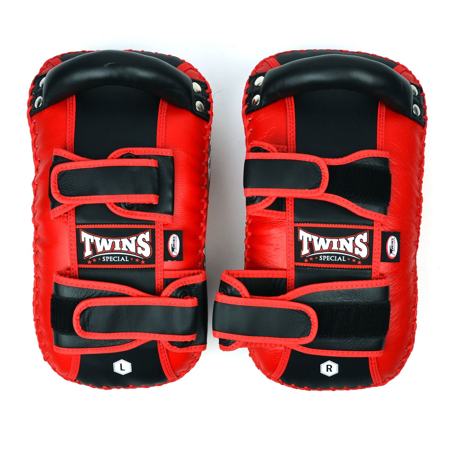 Twins Special Curved Leather Thai Kick Pads - Red & Black (KPL10)