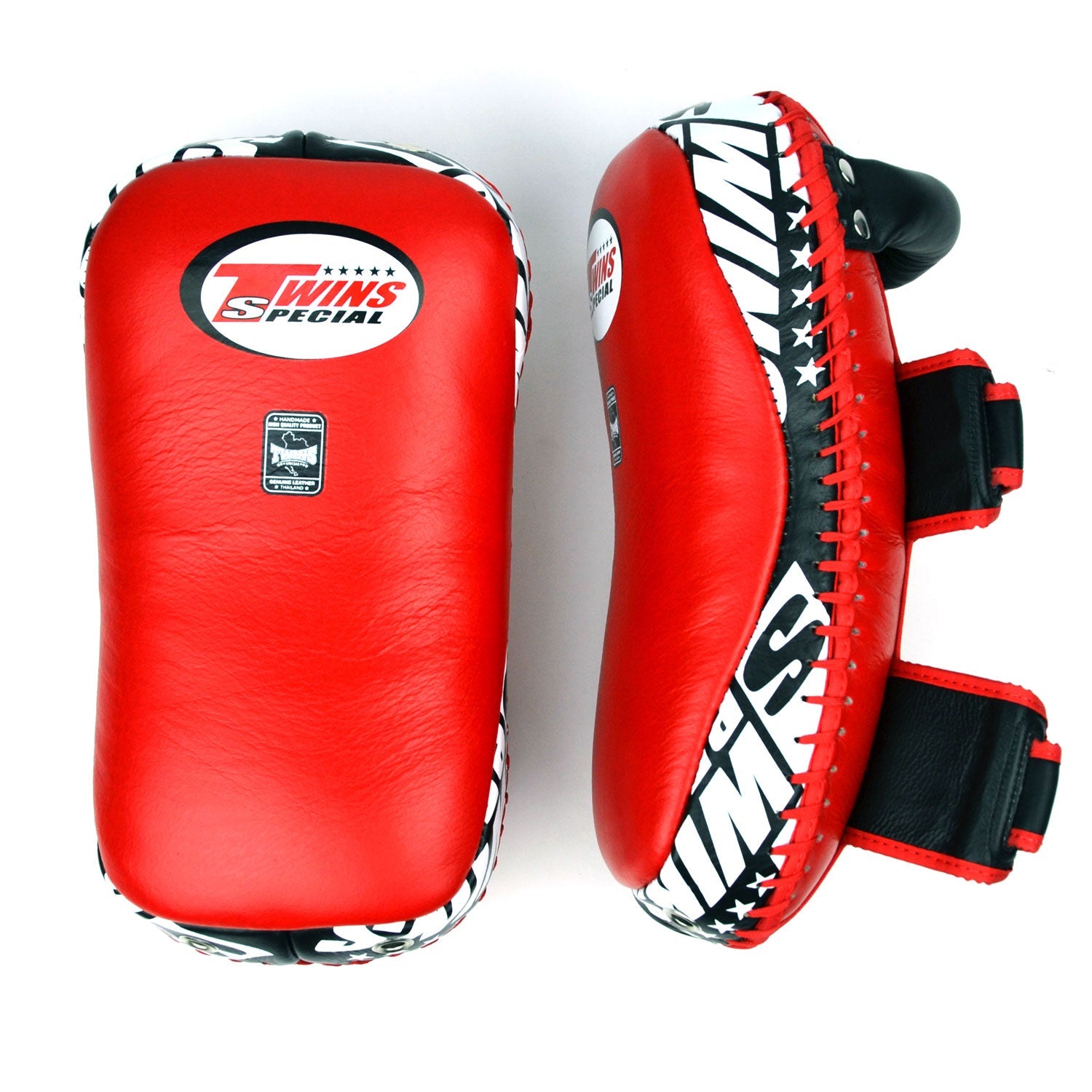 Twins Special Curved Leather Thai Kick Pads - Red & Black (KPL10)