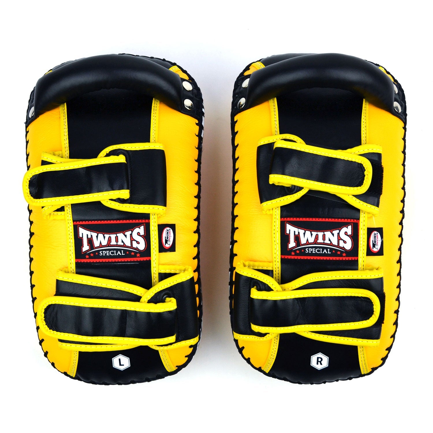 Twins Special Curved Leather Thai Kick Pads - Yellow & Black (KPL10)