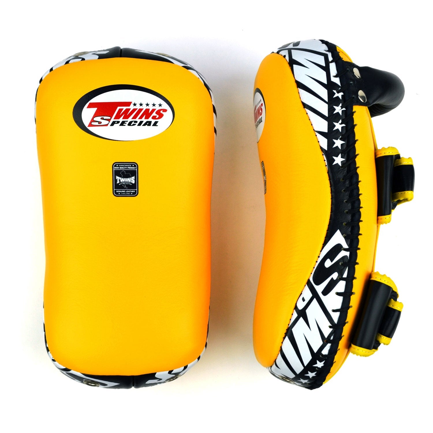 Twins Special Curved Leather Thai Kick Pads - Yellow & Black (KPL10)