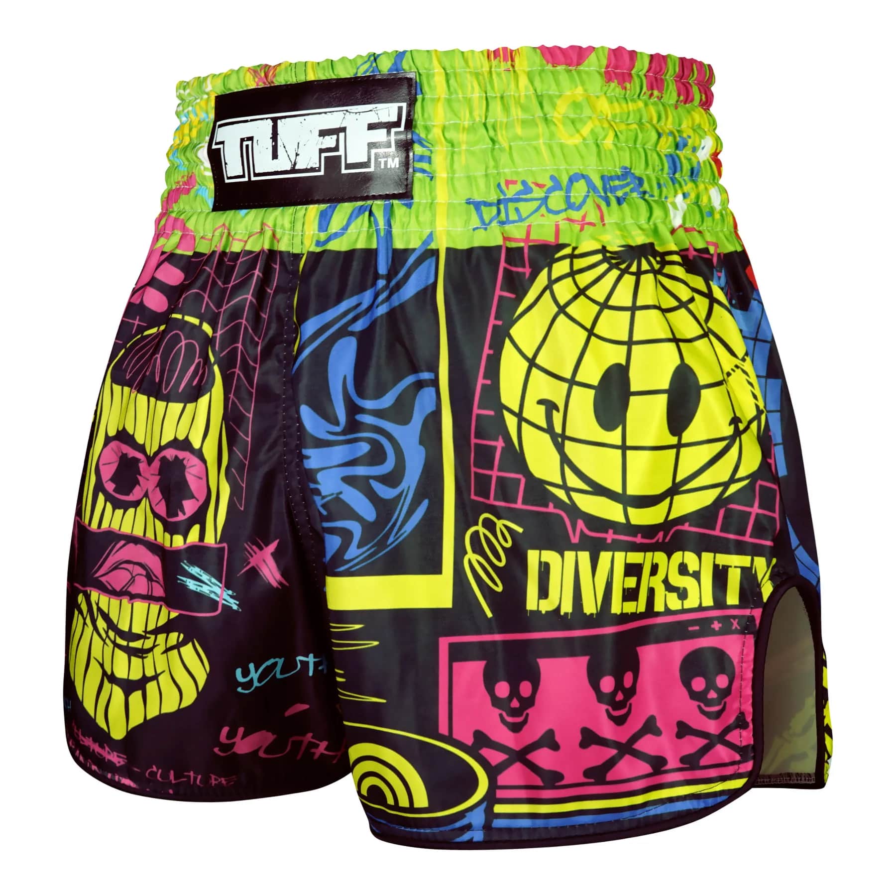 TUFF High-Cut Retro Muay Thai Shorts - Neon Graffiti (RMS119)