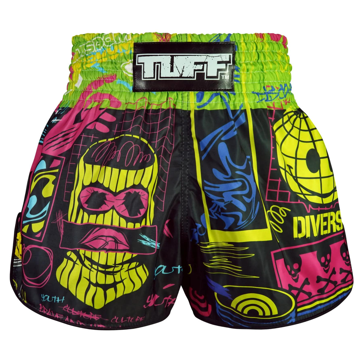 TUFF High-Cut Retro Muay Thai Shorts - Neon Graffiti (RMS119)