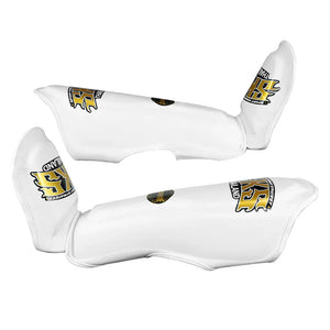 White leather Muay Thai shin pads with gold SKS Empire Thailand logo on white background