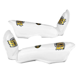 White leather Muay Thai shin pads with gold SKS Empire Thailand logo on white background