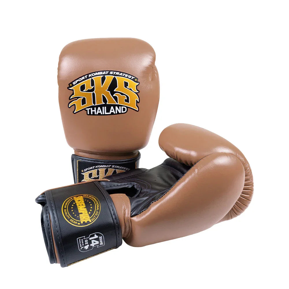 Brown SKS Empire microfiber Muay Thai gloves from Thailand on white background