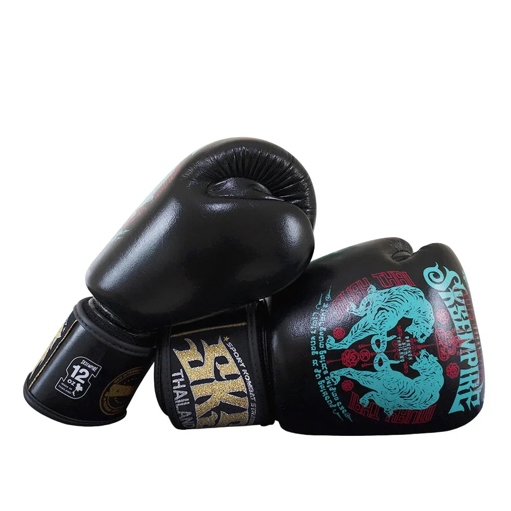 Black Muay Thai boxing gloves with blue tiger print, SKS Empire branding, and 12oz label