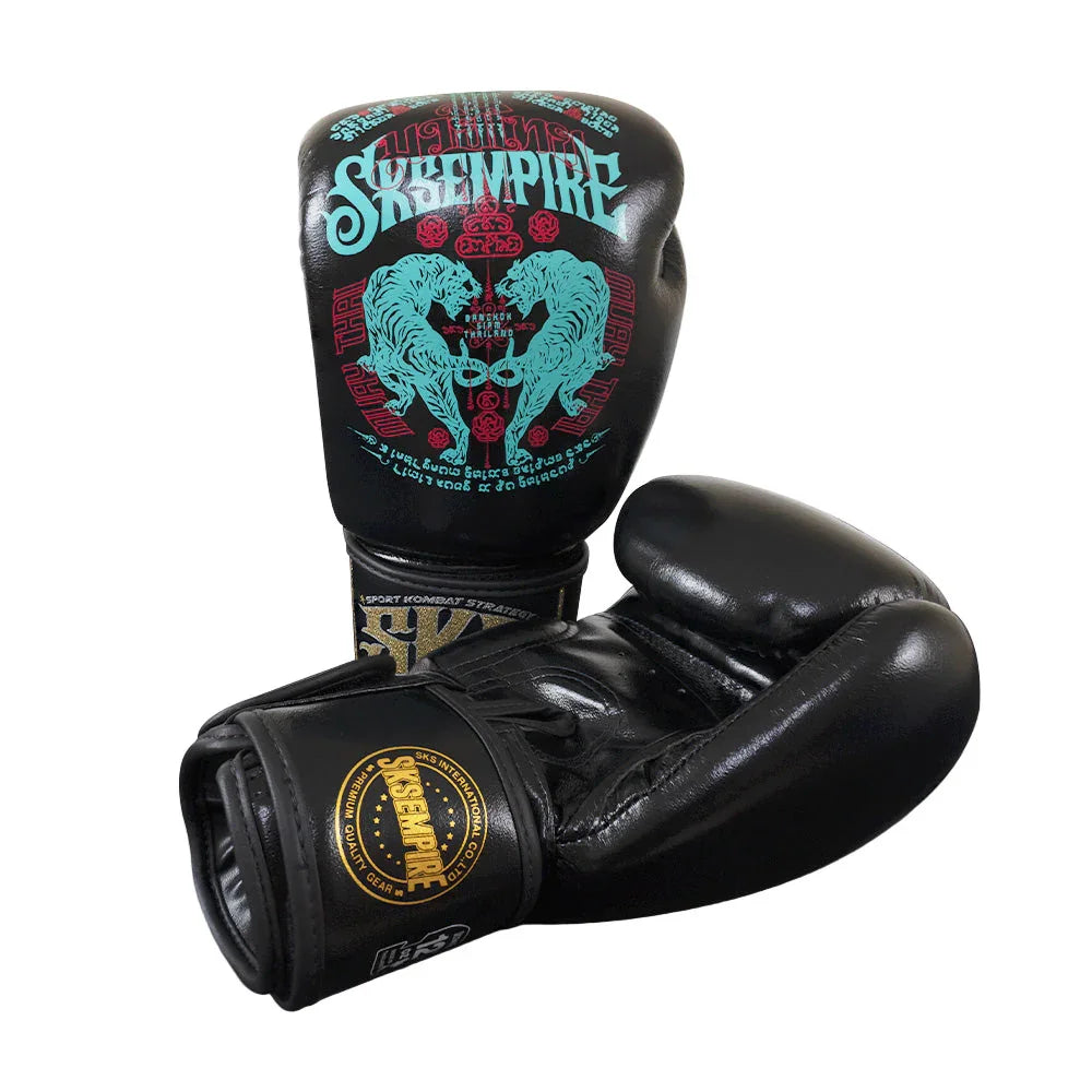 Black SKS Empire microfiber Muay Thai gloves with turquoise tiger and gold logo design
