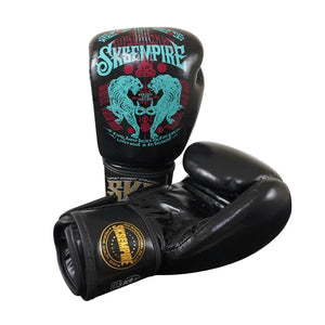 Black SKS Empire microfiber Muay Thai gloves with turquoise tiger and gold logo design