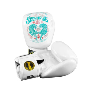 White SKS Empire microfiber Muay Thai gloves with tiger bomb graphic and gold logo badge