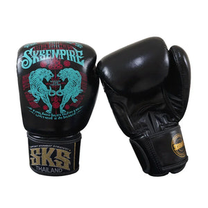 SKS Empire black microfiber Muay Thai gloves with turquoise tiger design from Thailand