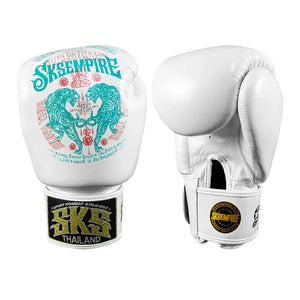 White SKS Empire microfiber Muay Thai gloves with tiger bomb graphic and Thailand label