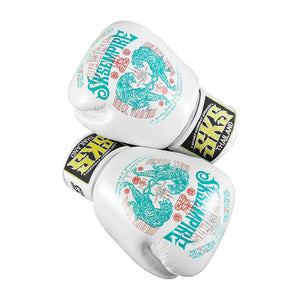 White SKS Empire Muay Thai gloves with tiger design and Thailand branding
