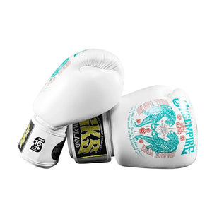White SKS EMPIRE microfiber Muay Thai gloves with tiger and Thai text design