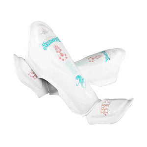 White SKS Empire microfiber Muay Thai shin pads with tiger and temple graphics