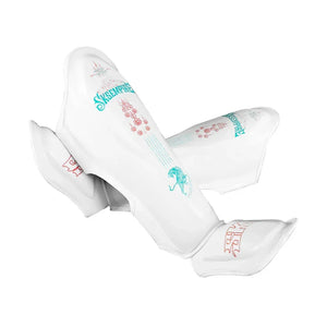 White SKS Empire microfiber Muay Thai shin pads with tiger and temple graphics