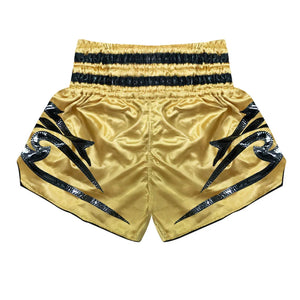 Gold Muay Thai shorts with black tiger graphics and black waistband stripes
