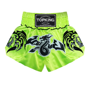 Top King Muay Thai shorts in neon green with black dragon design and logo patch