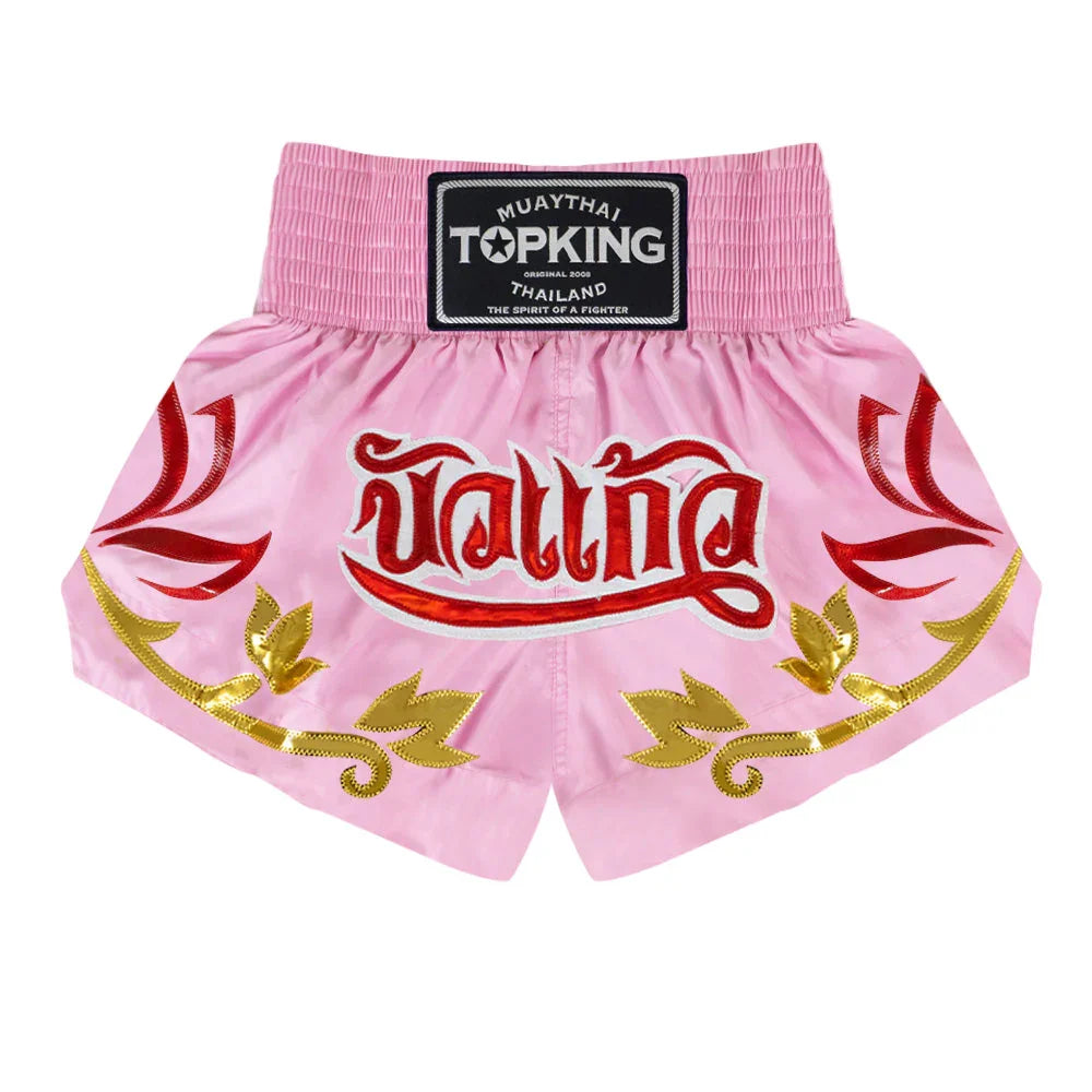 Top King Muay Thai shorts pink with red Thai script and gold accents, Thailand design