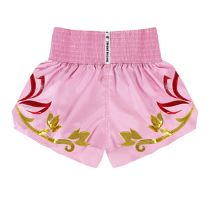 Top King Muay Thai pink shorts with gold and red Thai pattern design