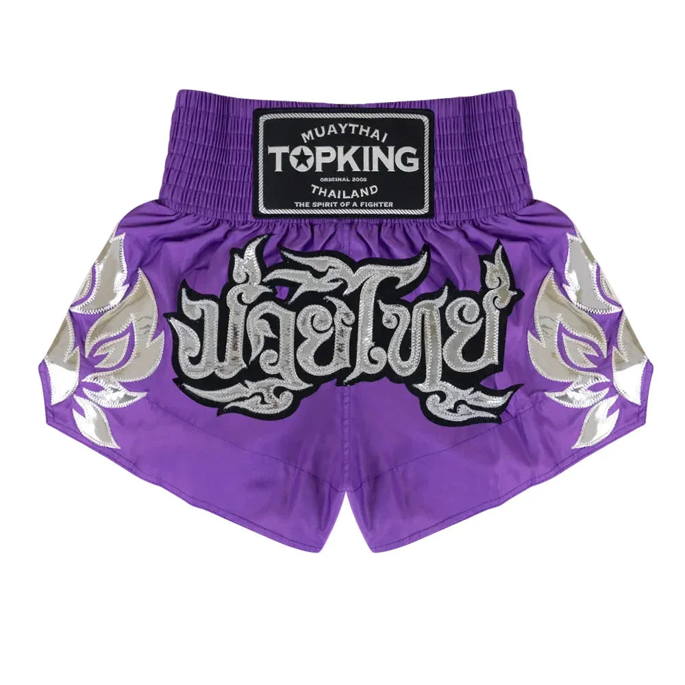 Top King Muay Thai shorts in purple and silver with Thai script, Muay Thailand gear