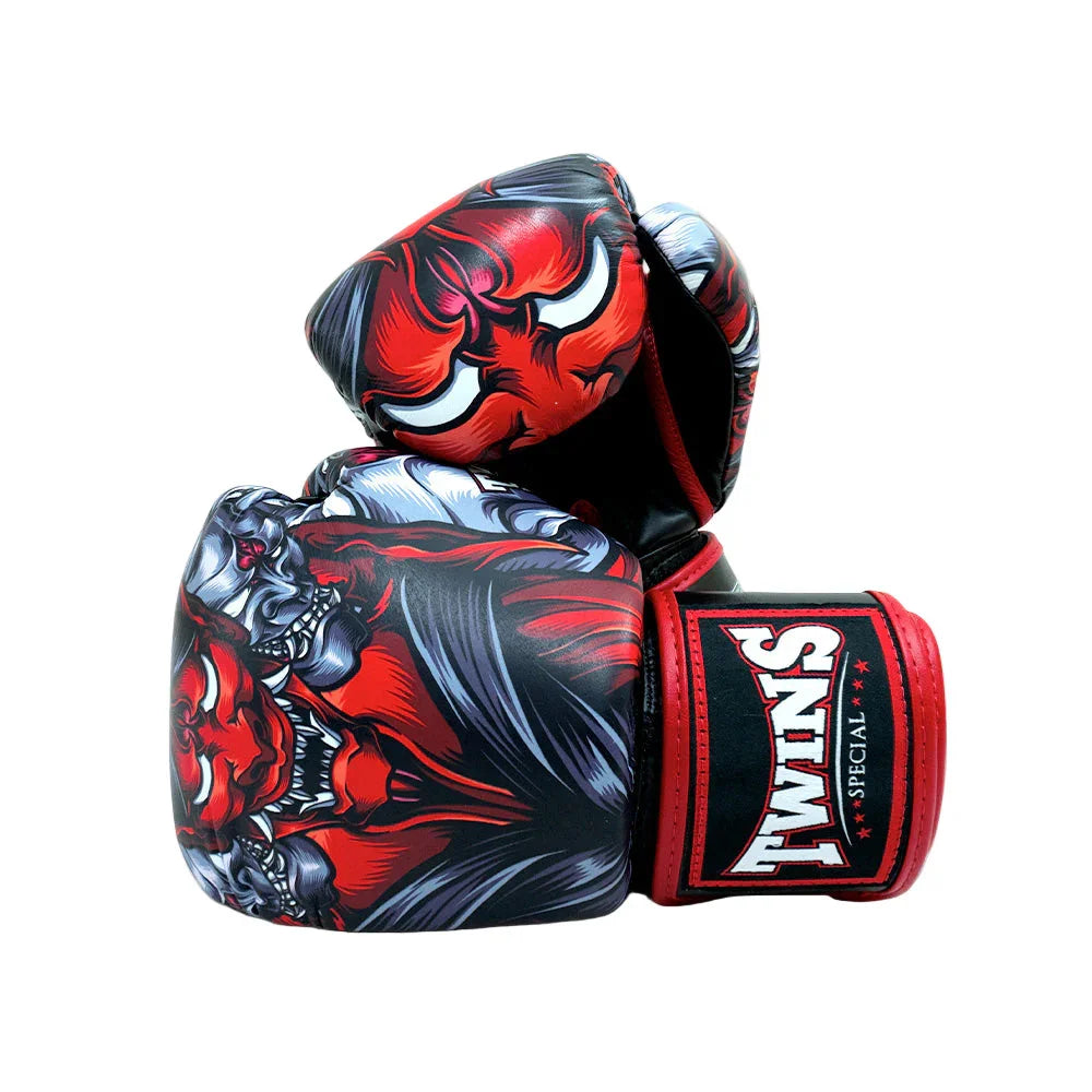 Twins Special Muay Thai boxing gloves with red kabuki demon design on white background