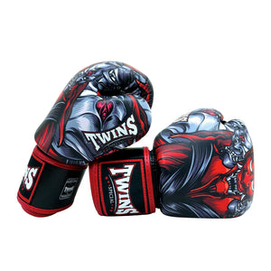 Twins Special Muay Thai boxing gloves with red, black, and gray kabuki artwork