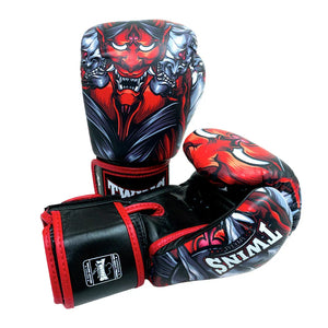 Twins Muay Thai boxing gloves with red kabuki demon design and bold graphics