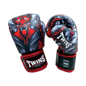 Twins Special Muay Thai boxing gloves with red kabuki demon art and bold TWINS logo