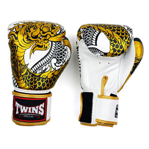 Twins Special Boxing Gloves - Nagas, White & Gold (FBGVL4-52) - Muay Thailand