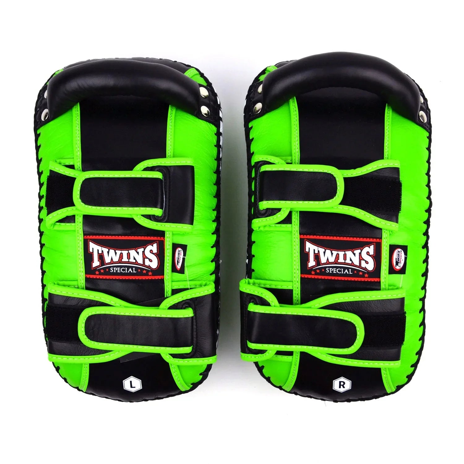 Twins Special Curved Leather Thai Kick Pads - Green & Black (KPL10) - Muay Thailand