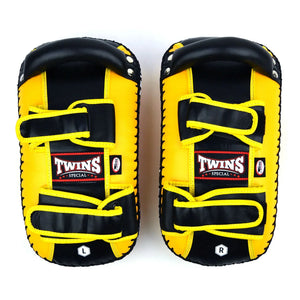 Twins Special Curved Leather Thai Kick Pads - Yellow & Black (KPL10) - Muay Thailand