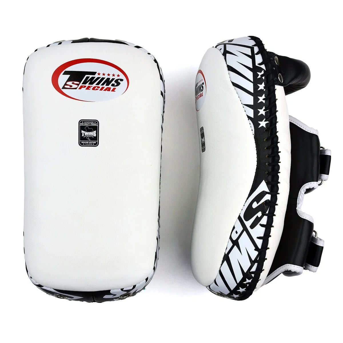 Twins Special Deluxe Curved Leather Kick Pads - White & Black (KPL12) - Muay Thailand