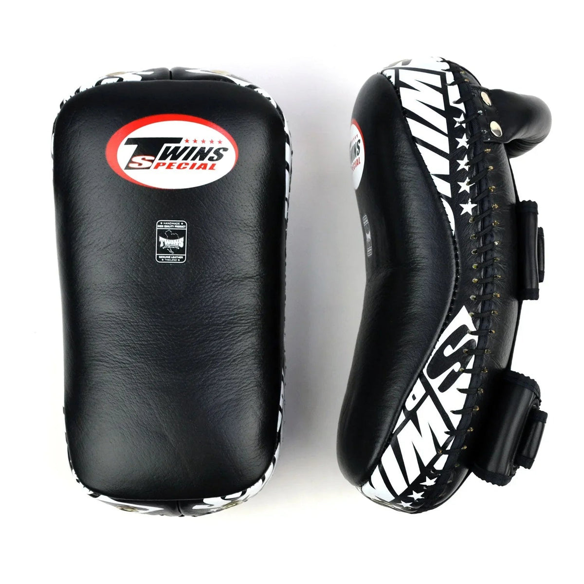 Twins Special KPL10 curved leather Thai pads in black, pair, front view