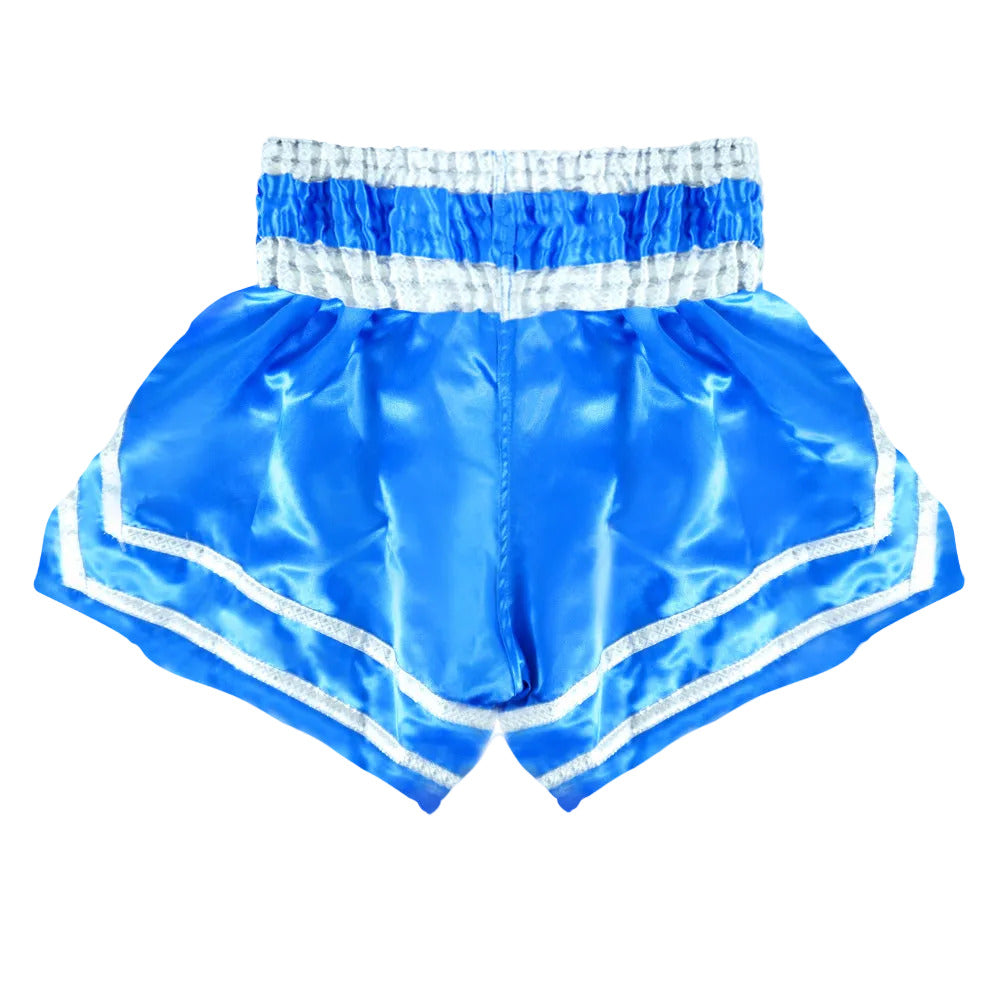 Blue Boon traditional Muay Thai shorts with white trim from Muay Thailand, back view