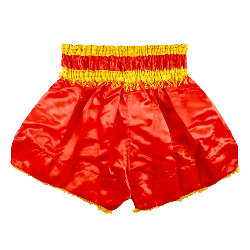 Red and yellow Boon traditional Muay Thai shorts with high elastic waistband, back view