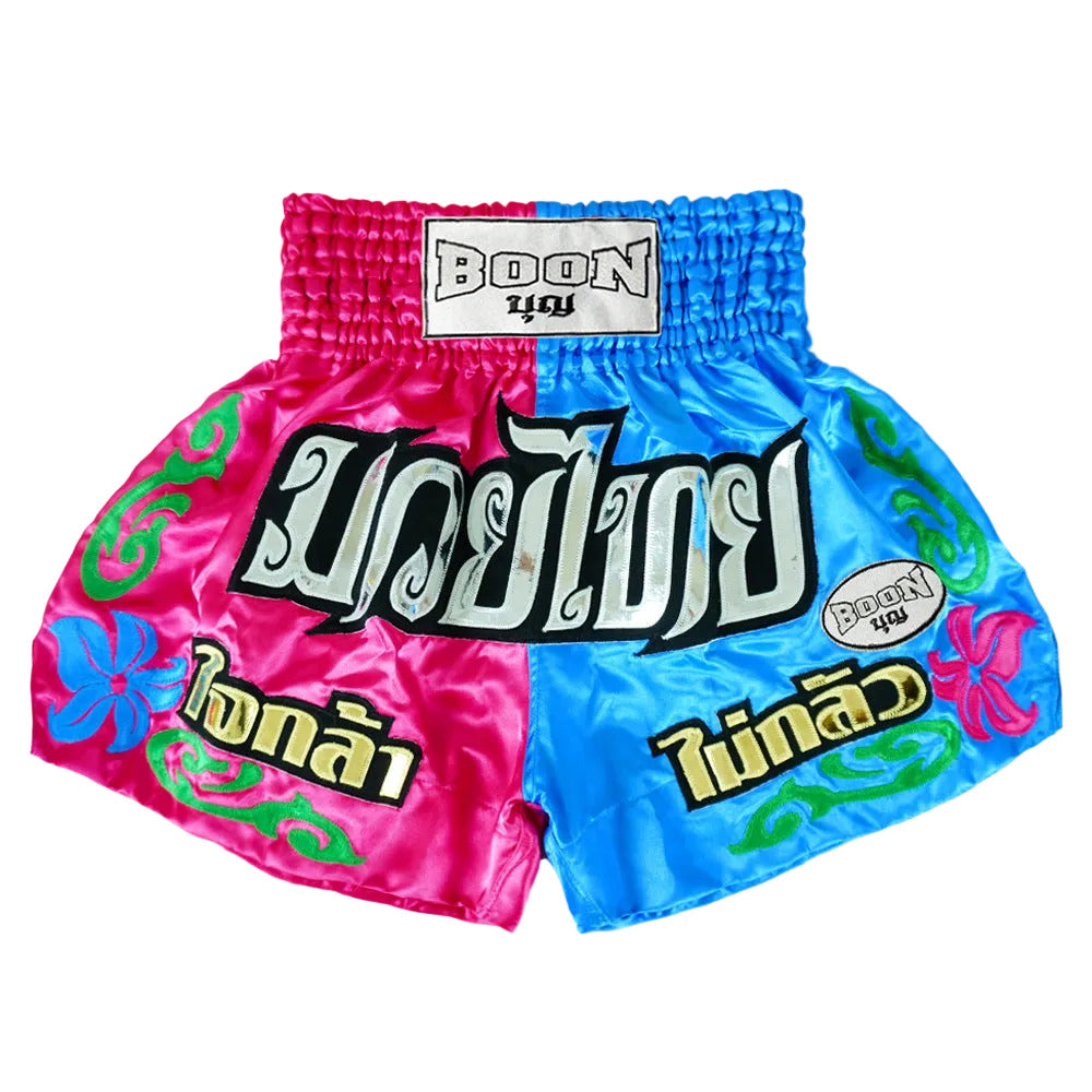 Boon pink and blue Muay Thai shorts with Thai script, available at Muay Thailand