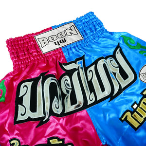Boon pink and blue Muay Thai shorts with Thai lettering, sold by Muay Thailand
