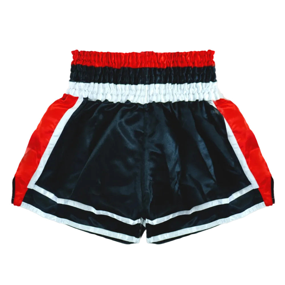 Black, red, and white traditional Muay Thai shorts with high elastic waistband