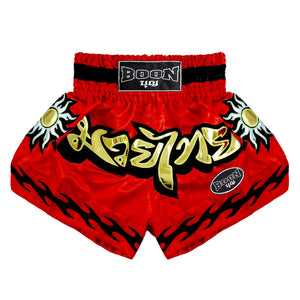 Boon red traditional Muay Thai shorts with gold Thai script and sun flame design, Muay Thailand